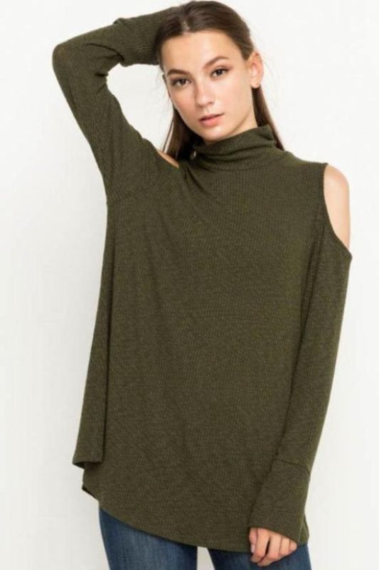 Mittoshop Mock Turtleneck Cold Shoulder Top - Olive or Taupe