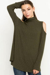 *CLOSEOUT SALE Mittoshop Mock Turtleneck Cold Shoulder Top - Olive or Taupe