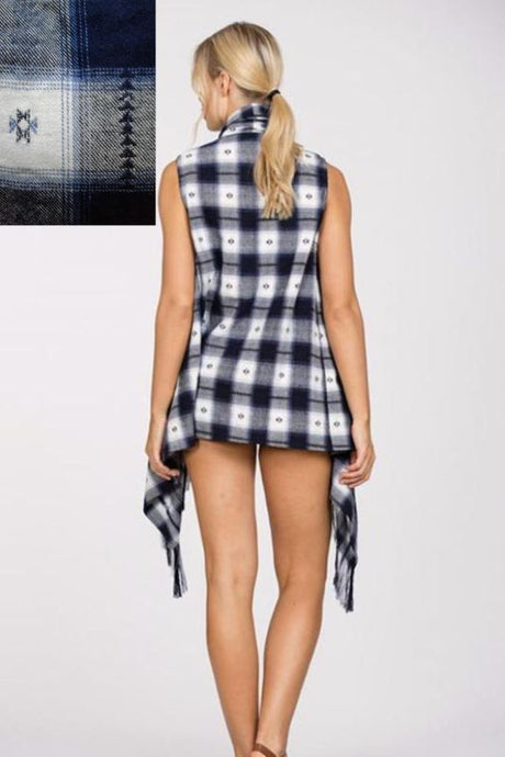 En Creme Flannel Plaid Fringe Vest - Navy