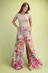 Gigio Flare Wide Leg Floral Pants - Rose Pink