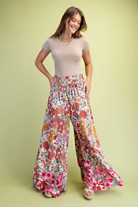 Gigio Flare Wide Leg Floral Pants - Rose Pink