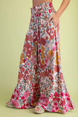 Gigio Flare Wide Leg Floral Pants - Rose Pink