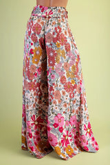 Gigio Flare Wide Leg Floral Pants - Rose Pink