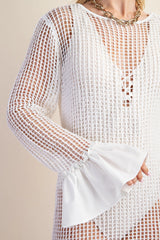 Fishnet Summer Dress with Ruffled Cuff - White