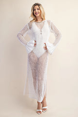 Fishnet Summer Dress with Ruffled Cuff - White