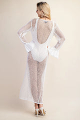 Fishnet Summer Dress with Ruffled Cuff - White