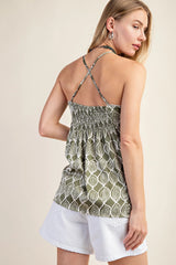 Camisole Summer Top with Criss Cross Back Strap - Olive