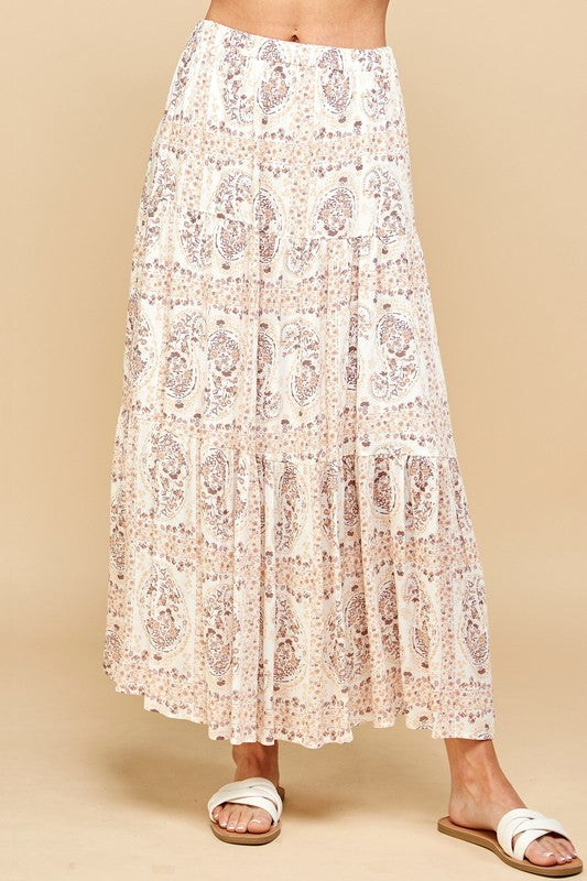 Paisley Print Tiered Layered Maxi Skirt - Taupe