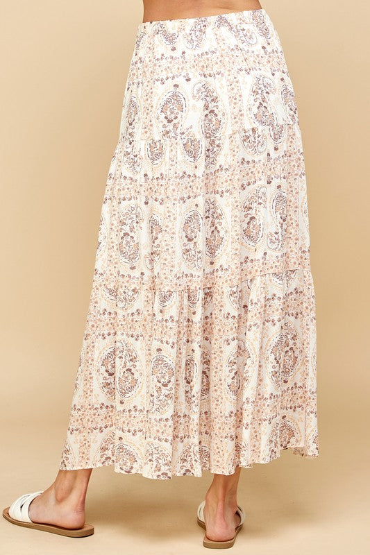 Les Amis Paisley Print Tiered Layered Maxi Skirt - Taupe