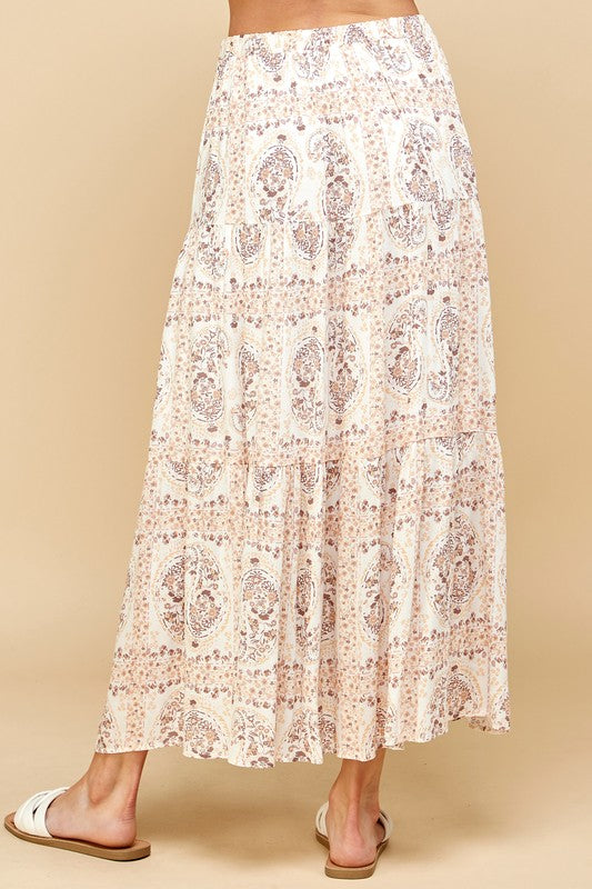 Paisley Print Tiered Layered Maxi Skirt - Taupe