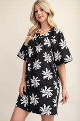 Cotton Floral Print Button Up Dress - Black Cream