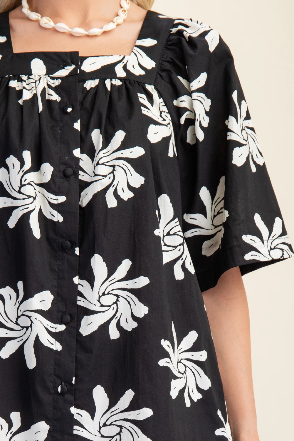 Cotton Floral Print Button Up Dress - Black Cream