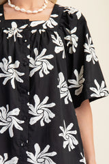 Cotton Floral Print Button Up Dress - Black Cream