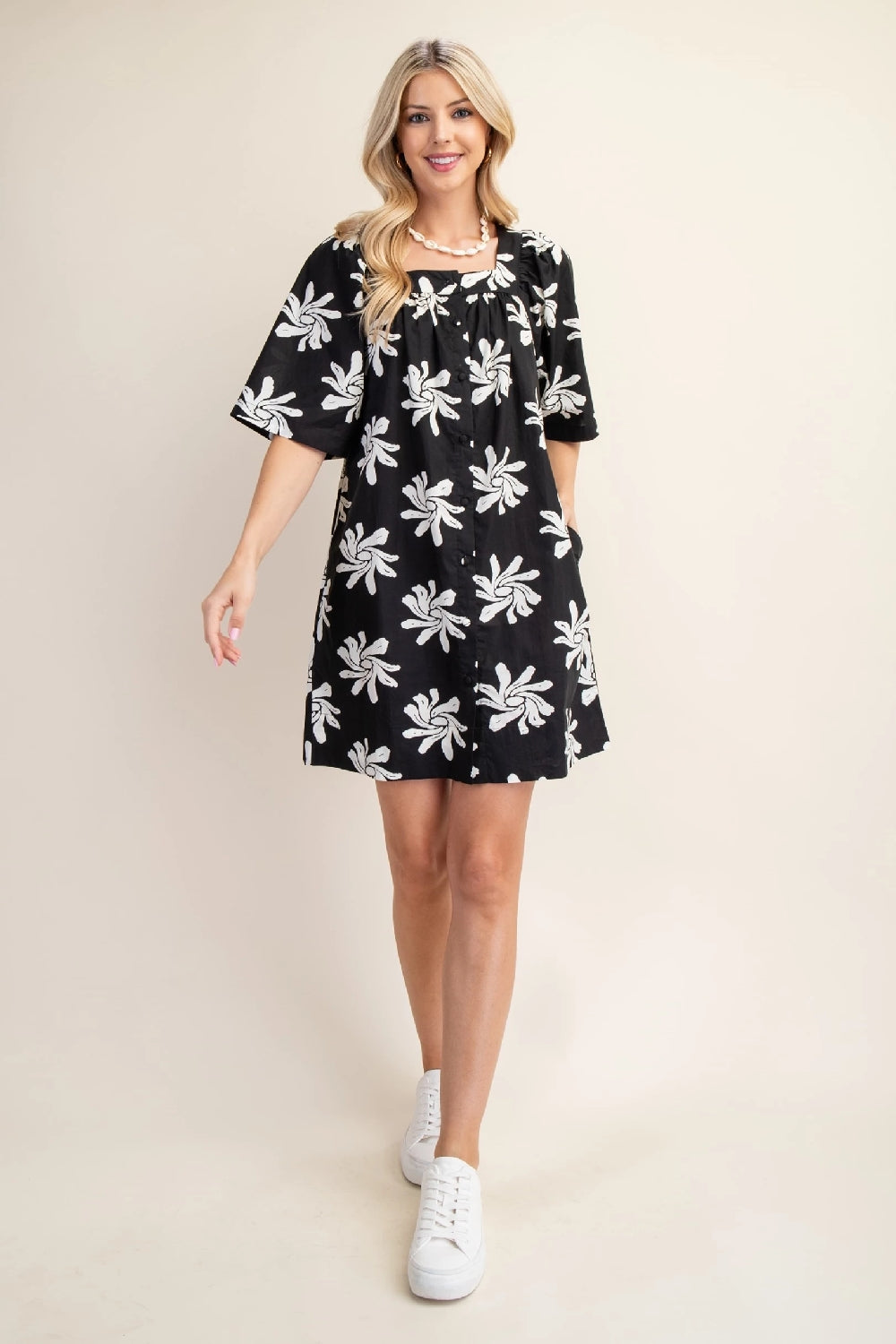 Cotton Floral Print Button Up Dress - Black Cream