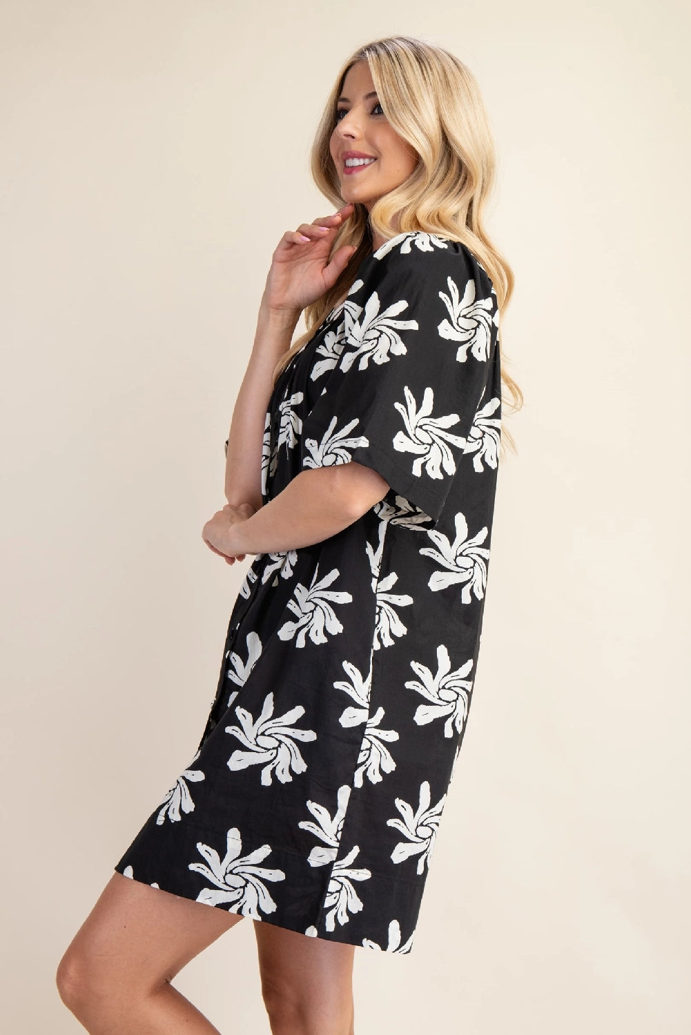 Cotton Floral Print Button Up Dress - Black Cream