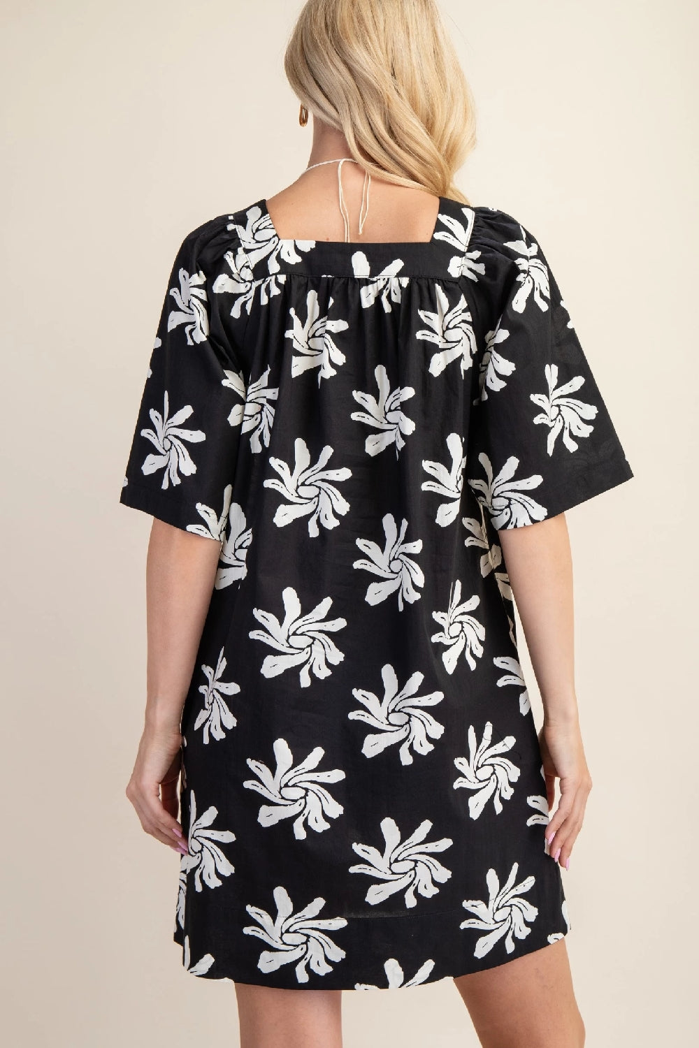 Cotton Floral Print Button Up Dress - Black Cream