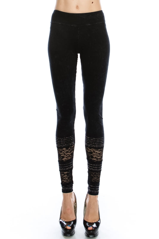 Vocal Cotton Wash Floral Lace and Stones Leggings - Black