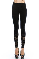 Vocal Cotton Floral Lace and Stones Leggings - Black