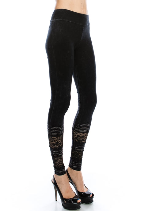 Vocal Cotton Wash Floral Lace and Stones Leggings - Black