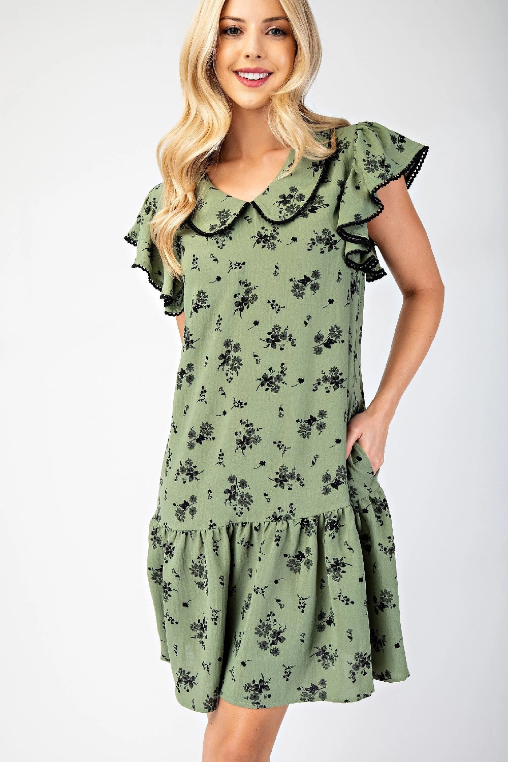 Vintage Floral Print Dress Flutter Sleeves Peter Pan Collar - Sage