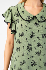 Vintage Floral Print Dress Flutter Sleeves Peter Pan Collar - Sage