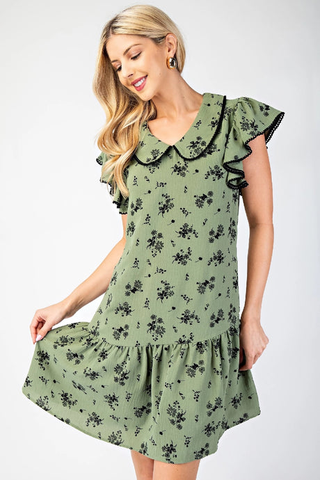 Vintage Floral Print Dress Flutter Sleeves Peter Pan Collar - Sage