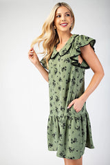 Vintage Floral Print Dress Flutter Sleeves Peter Pan Collar - Sage