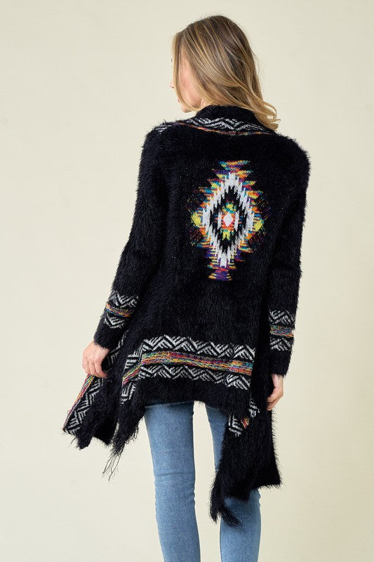 Aztec Rainbow Fuzzy Cardigan - Black