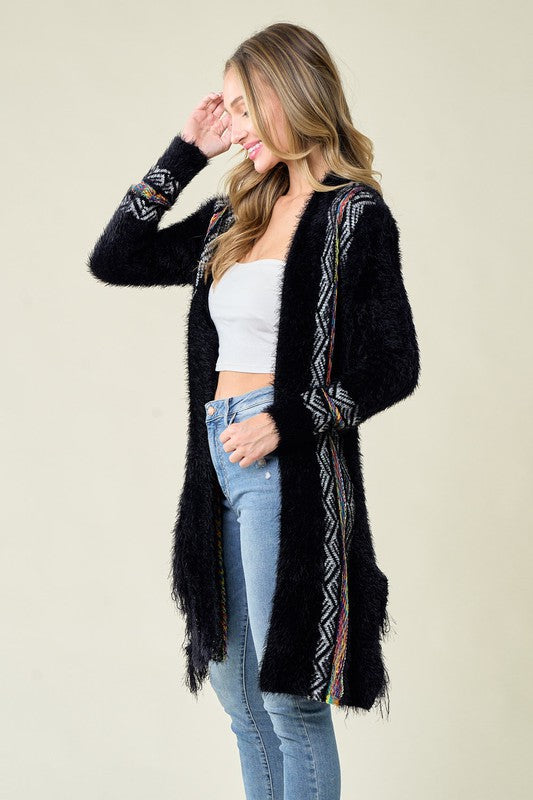 Aztec Rainbow Fuzzy Cardigan - Black