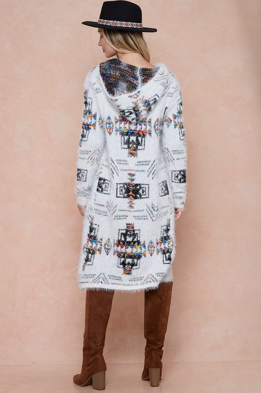 Aztec Rainbow Fuzzy Hoodie Long Cardigan - Ivory/Rainbow