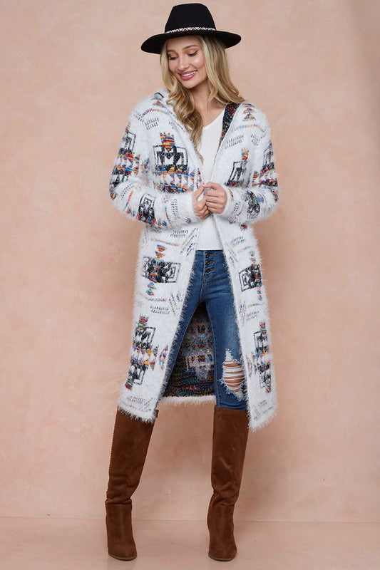 Aztec Rainbow Fuzzy Hoodie Long Cardigan - Ivory/Rainbow