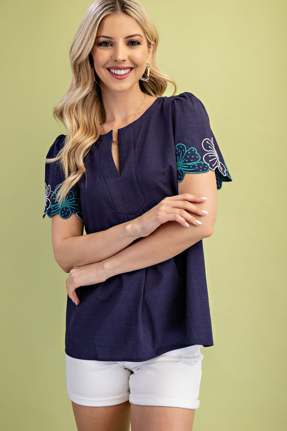 Gigio Notch Neck Embroidered Sleeves Blouse - Navy