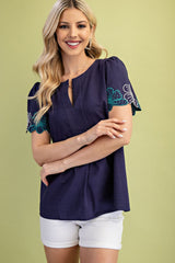Gigio Notch Neck Embroidered Sleeves Blouse - Navy