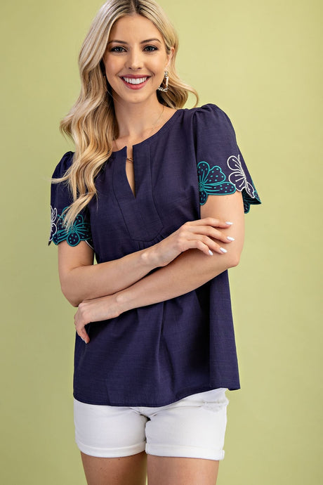 Gigio Notch Neck Embroidered Sleeves Blouse - Navy