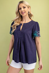 Gigio Notch Neck Embroidered Sleeves Blouse - Navy