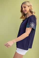 Gigio Notch Neck Embroidered Sleeves Blouse - Navy