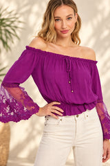 Lace Bell Sleeve Off Shoulder Blouse - Orchid Magenta