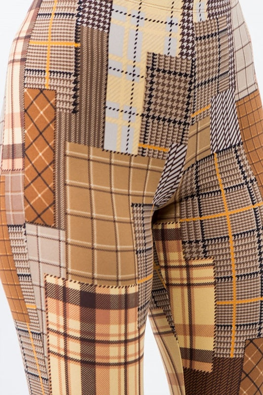 Bear Dance Skinny Brushed Pants - Brown Plaid Patchwork