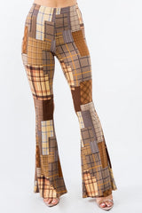 Bear Dance Skinny Brushed Pants - Brown Plaid Patchwork