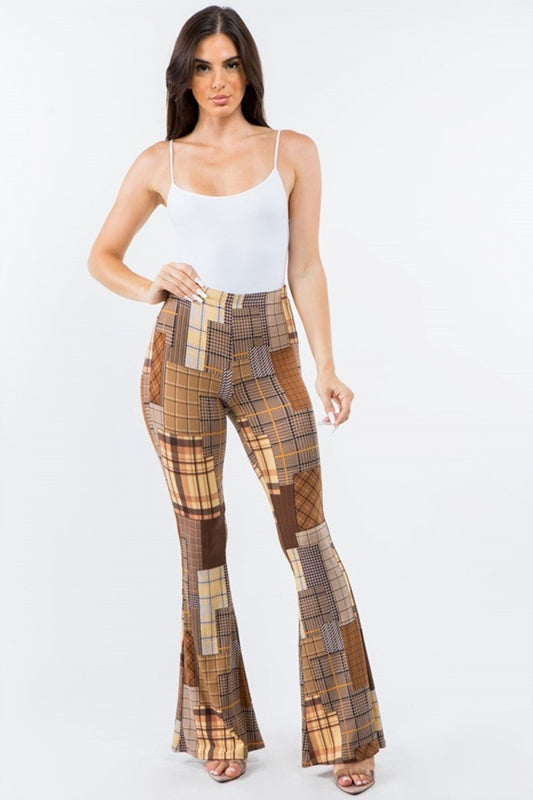 Bear Dance Skinny Brushed Pants - Brown Plaid Patchwork