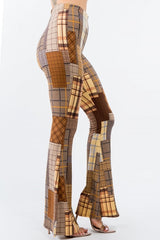 Bear Dance Skinny Brushed Pants - Brown Plaid Patchwork