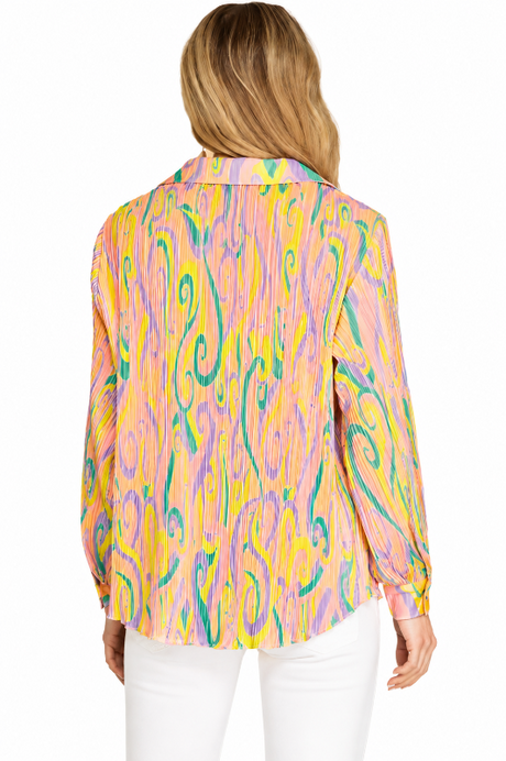 She + Sky Print Plisse Shirt Blouse - Banana/Pink
