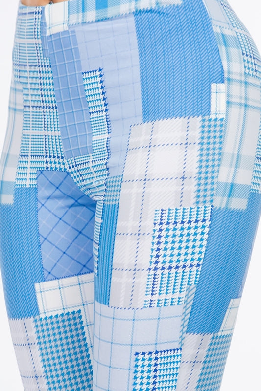 Bear Dance Houndstooth Patchwork Skinny Brushed Pants - Sky Blue