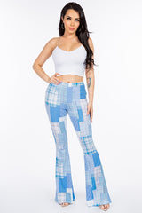 Bear Dance Houndstooth Patchwork Skinny Brushed Pants - Sky Blue