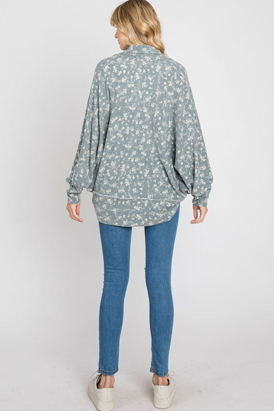Gee Gee Floral Print Cocoon Cardigan - Dusty Blue