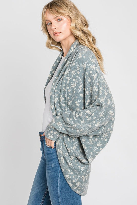 Gee Gee Floral Print Cocoon Cardigan - Dusty Blue