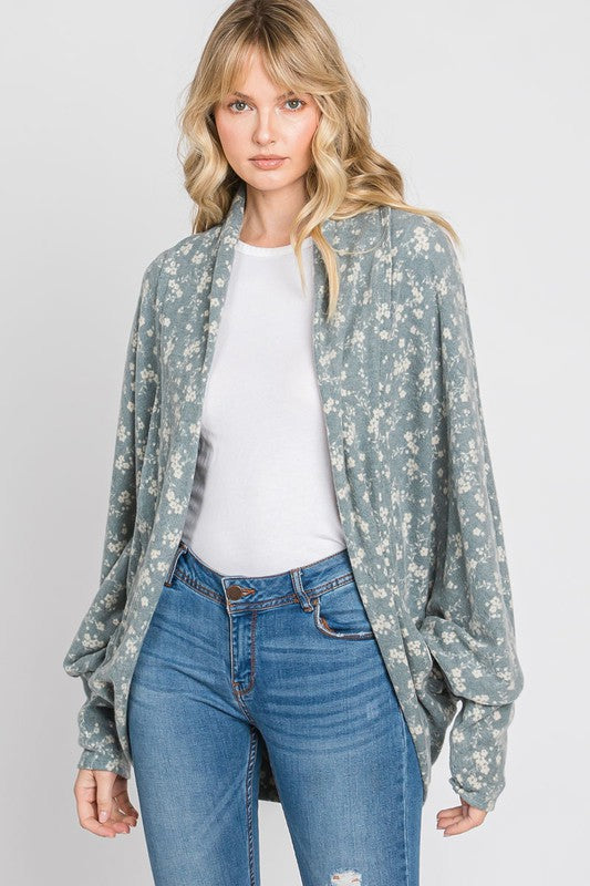 Gee Gee Floral Print Cocoon Cardigan - Dusty Blue