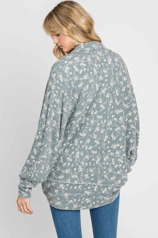 Gee Gee Floral Print Cocoon Cardigan - Dusty Blue