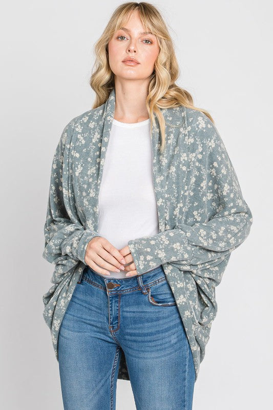 Gee Gee Floral Print Cocoon Cardigan - Dusty Blue