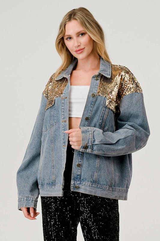 Gee Gee Wash Denim Gold Sequins Jacket / Debra's Passion Boutique